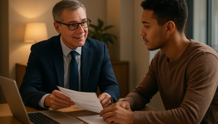 UK financial advisor assisting gig worker with debt consolidation documents in a modern office