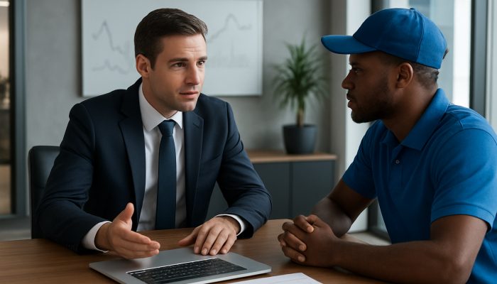 British financial advisor analysing gig earnings reports with a delivery driver for debt consolidation advice