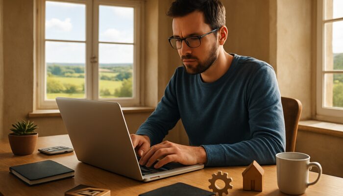 Writer composing blog posts on a laptop in a sunlit Patchway cottage overlooking the Gloucestershire countryside with small business icons