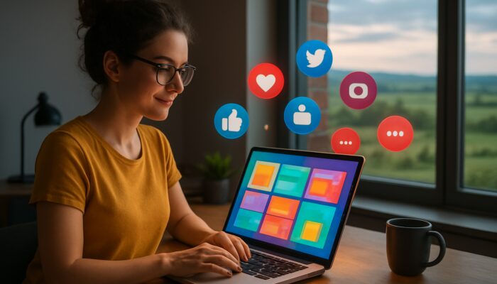 Patchway entrepreneur creating a vibrant WordPress blog on a laptop with floating social media icons overlooking the UK countryside