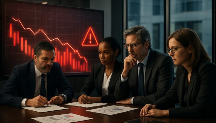 Restructuring Business Debts Before New Funding | DCL Corporate executives analyzing glowing financial charts with red insolvency warnings in a modern boardroom