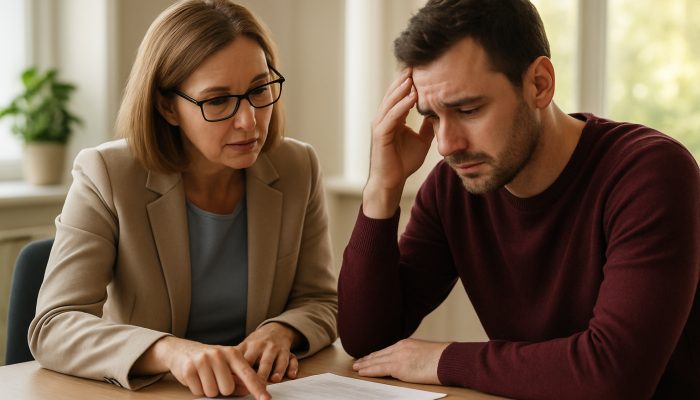 Individual reviewing financial documents with a credit union advisor in a bright office setting