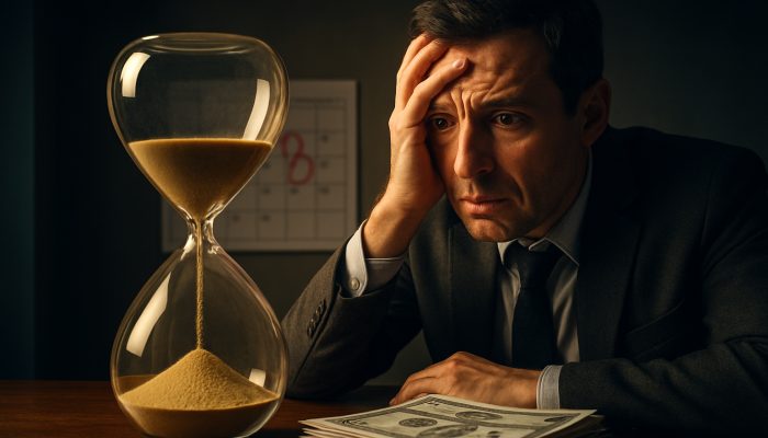 What to Do With Tax Refunds and Bonuses: Practical Steps | DCL Anxious taxpayer observes HMRC refund checks spilling from an hourglass next to a red deadline calendar.